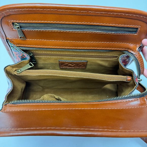 Patricia Nash Zip Close Expandable Floral Smooth Leather Tote Brown Orange Green - Picture 6 of 9